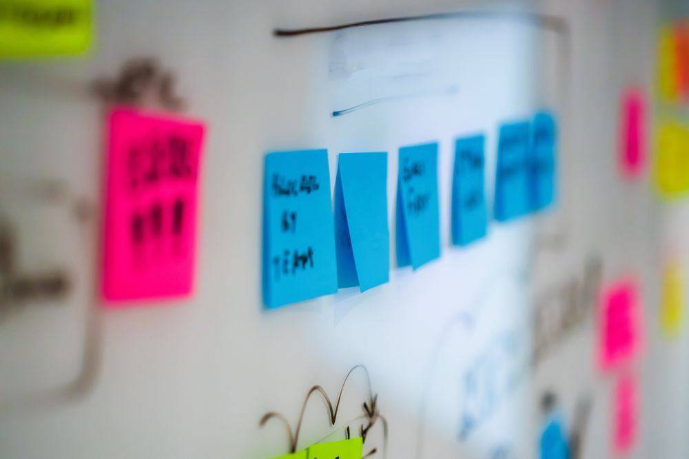Creative brainstorming session with sticky notes on a whiteboard